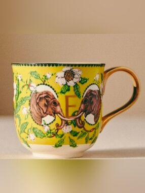 ANTHROPOLOGIE LOU ROTA NATURE ELEPHANT MONOGRAM E COFFEE MUG